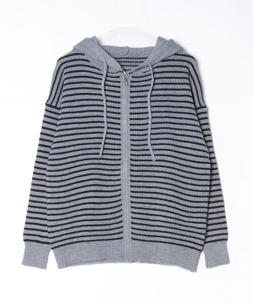 Vini(ヴィニ)の「ボーダーニットジップアップフードパーカー(ニット/セーター・レディース・アイボリー/グレー・FREE)」の10枚目の写真