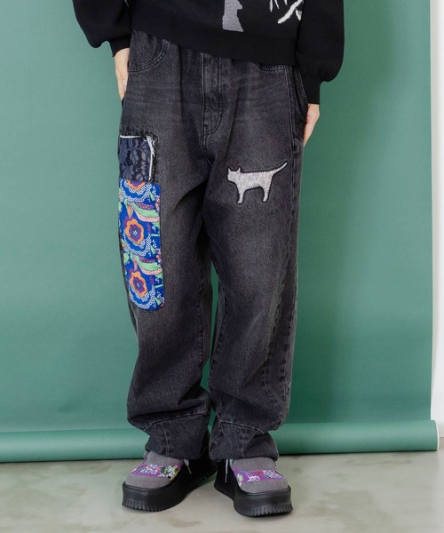 最終セール！スウェットＸデニム☆サロペットパンツ☆ブラック×カラフル セール】153672：綿×レース異素材アップリケデニムパンツ（デニム