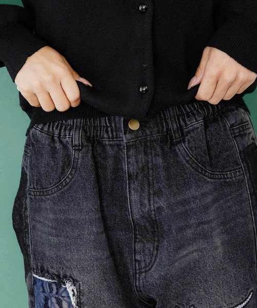 スカラー scolar 153672：綿×レース異素材アップリケデニムパンツ