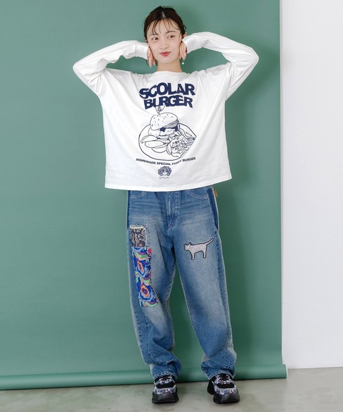 ScoLar（スカラー）の「153672：綿×レース異素材アップリケデニムパンツ（デニムパンツ・レディース・ブラック/ブルー・M）」の11枚目の写真