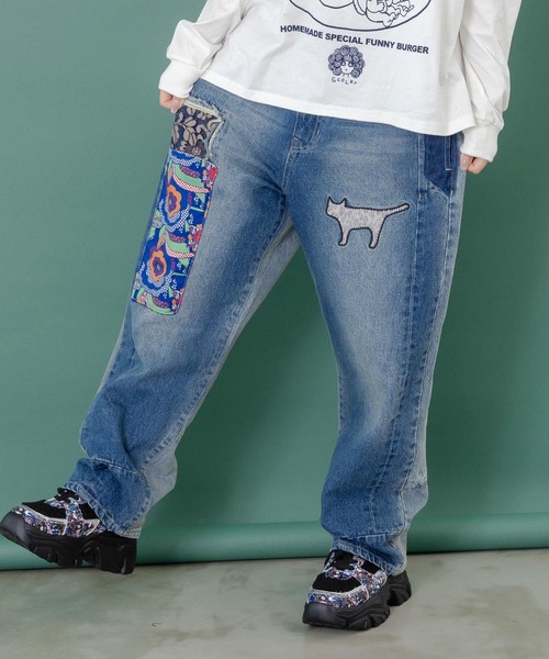 ScoLar（スカラー）の「153672：綿×レース異素材アップリケデニムパンツ（デニムパンツ・レディース・ブラック/ブルー・M）」の13枚目の写真