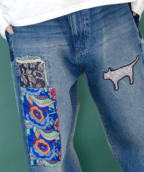 セール】153672：綿×レース異素材アップリケデニムパンツ（デニム