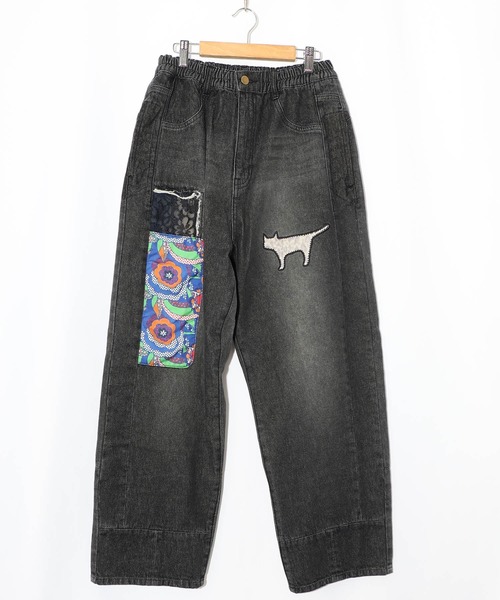 セール】153672：綿×レース異素材アップリケデニムパンツ（デニム