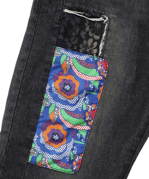 セール】153672：綿×レース異素材アップリケデニムパンツ（デニム