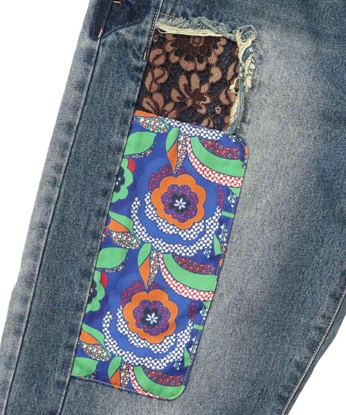 セール】153672：綿×レース異素材アップリケデニムパンツ（デニム