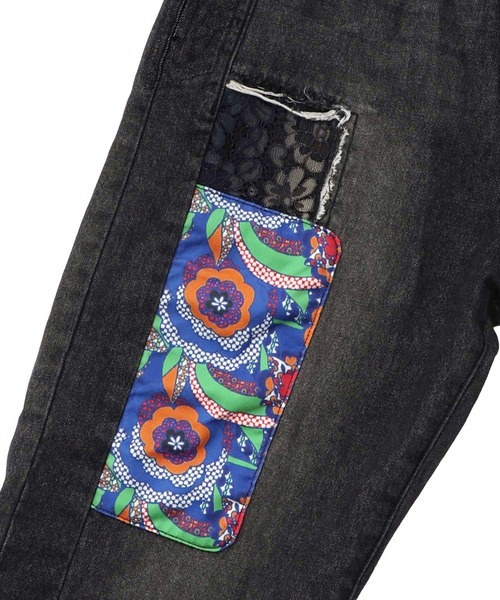 スカラー　scolar 153672：綿×レース異素材アップリケデニムパンツ セール】153672：綿×レース異素材アップリケデニムパンツ（デニム