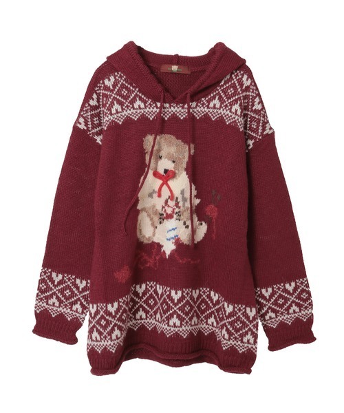 ピンクハウス　三つ子のくまの冬支度柄編み込みフード付きニット PINK HOUSE（ピンクハウス） ニット セーター 三つ子のくまの冬支度柄