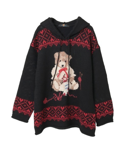 三つ子のくまの冬支度柄編み込みフード付きニット