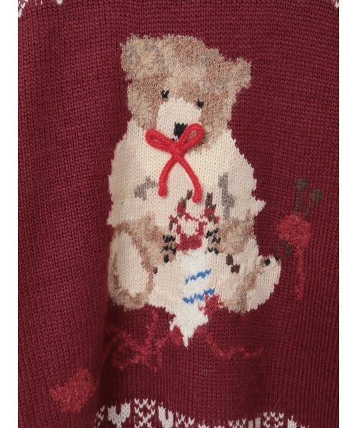セール】三つ子のくまの冬支度柄編み込みフード付きニット（ニット
