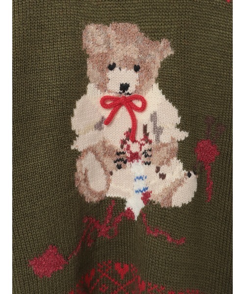 ピンクハウス　三つ子のくまの冬支度柄編み込みフード付きニット PINK HOUSE（ピンクハウス） ニット セーター 三つ子のくまの冬支度柄