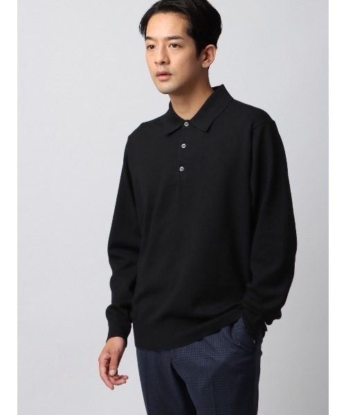 STONE  ウールニット ポロセーター 長袖 ワッペン付　ブラック セール】ポロニット 長袖 ウォッシャブル ウールブレンド天竺 無地