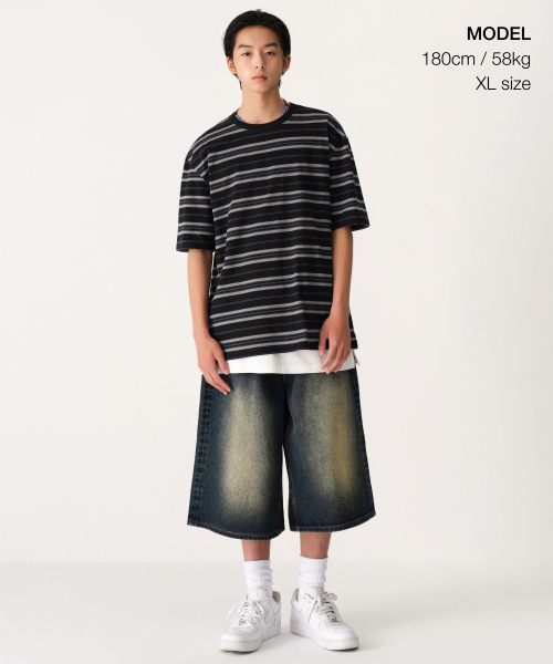 MUSINSA STANDARD（ムシンサスタンダード）の「マルチストライプリラックスティーシャツ3 [ブラック]（Tシャツ/カットソー・メンズ・その他・XX-LARGE/XXX-LARGE/LARGE/X-LARGE/SMALL/MEDIUM）」の2枚目の写真