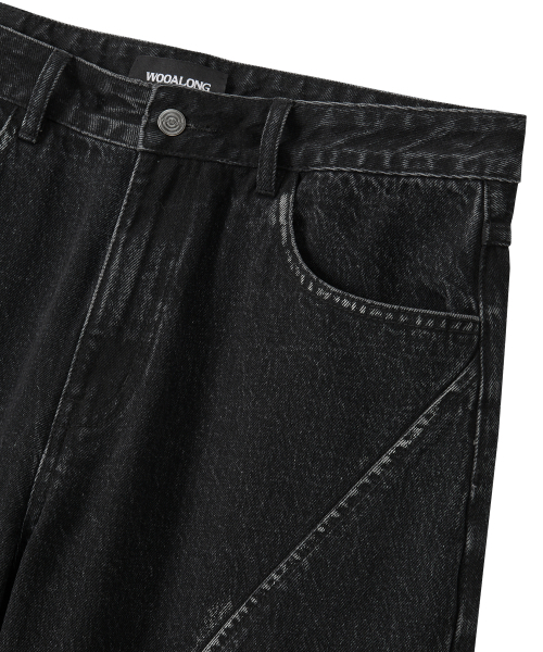 WOOALONG(ウアロン)の「Grain Curved Seam Washed Denim Pants - BLACK(デニムパンツ・メンズ・ブラック・SMALL/MEDIUM/LARGE)」の4枚目の写真