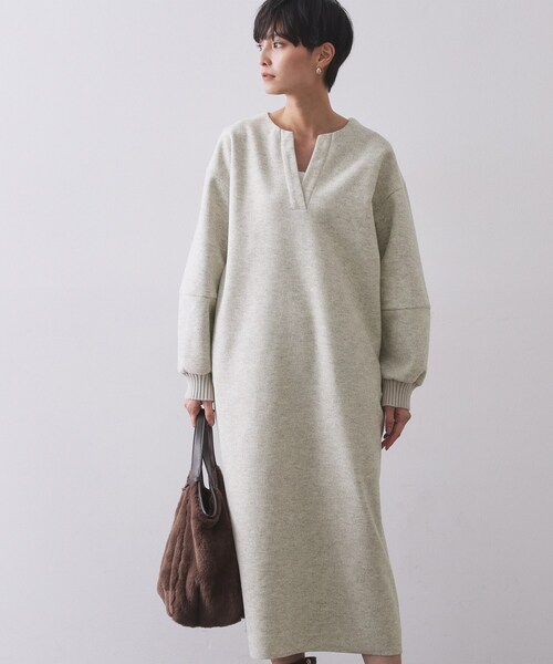 セール】ストレッチメルトンキーネックワンピ【洗濯機OK】（ワンピース
