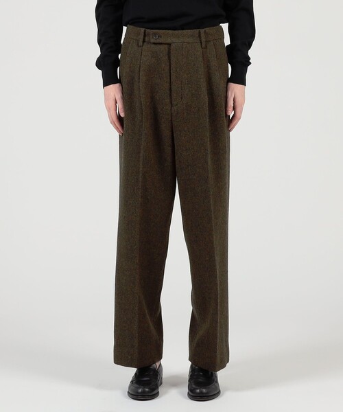 ウールツイードヘリンボーン 2プリーツワイドストレートバレルパンツ