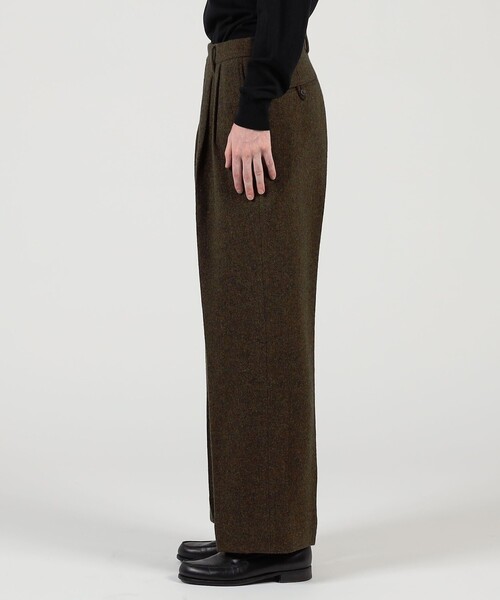 ウールツイードヘリンボーン 2プリーツワイドストレートバレルパンツ