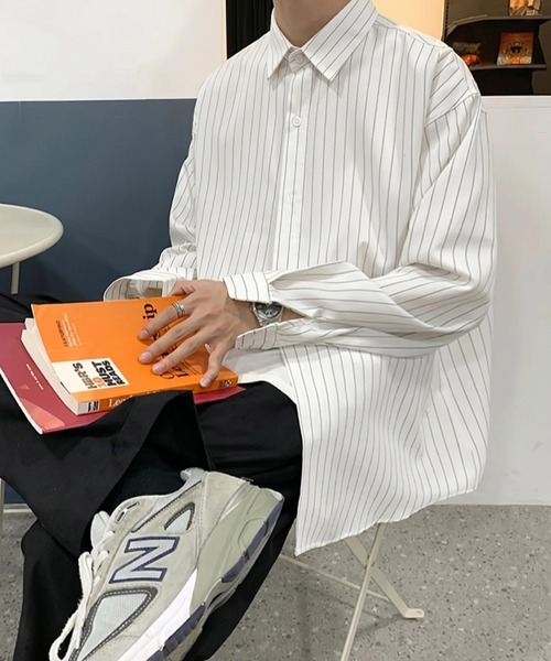 WYZ wear(ダブリューワイジィーウェア)の「オーバーサイズストライプシャツ/ユニセックス(シャツ/ブラウス・メンズ・ホワイト/ブラック・M/L/XL)」の8枚目の写真
