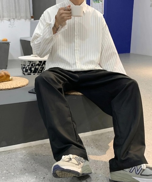 WYZ wear(ダブリューワイジィーウェア)の「オーバーサイズストライプシャツ/ユニセックス(シャツ/ブラウス・メンズ・ホワイト/ブラック・M/L/XL)」の9枚目の写真