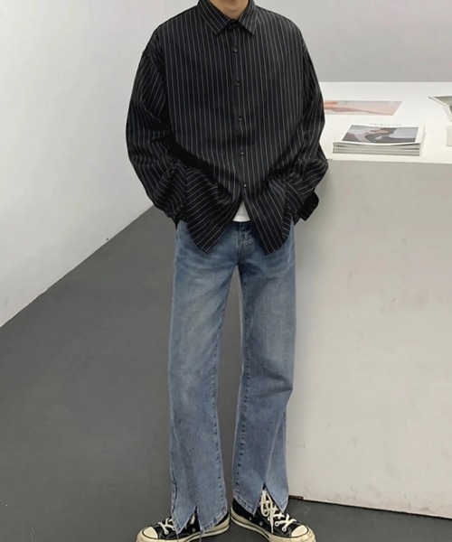 WYZ wear(ダブリューワイジィーウェア)の「オーバーサイズストライプシャツ/ユニセックス(シャツ/ブラウス・メンズ・ホワイト/ブラック・M/L/XL)」の15枚目の写真