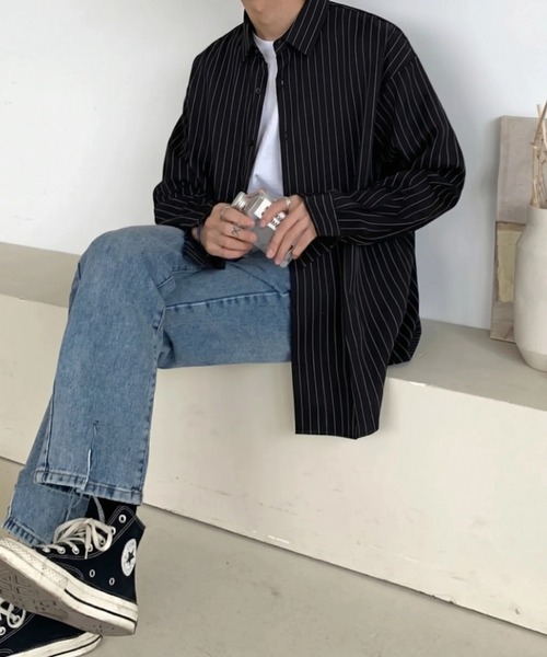 WYZ wear(ダブリューワイジィーウェア)の「オーバーサイズストライプシャツ/ユニセックス(シャツ/ブラウス・メンズ・ホワイト/ブラック・M/L/XL)」の11枚目の写真