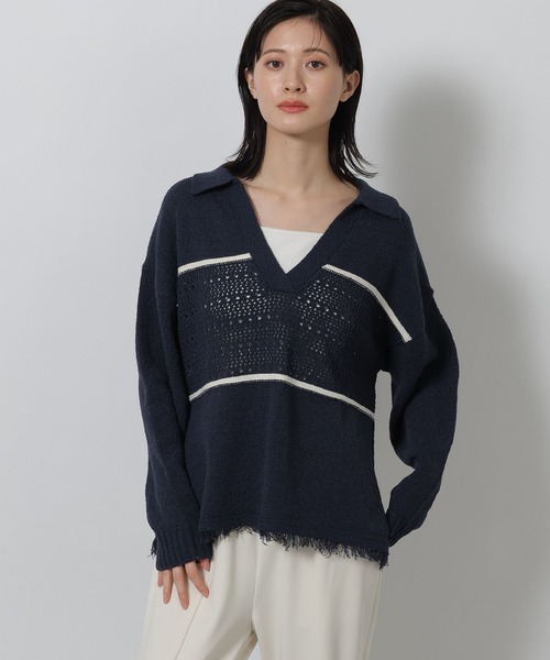 LAKOLE(ラコレ)の「スキッパー襟透かしニットプルオーバー / 639738(ニット/セーター・レディース・ネイビー/グレー/アイボリー・FREE)」の1枚目の写真