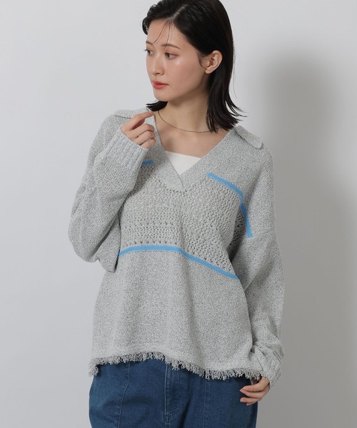 LAKOLE(ラコレ)の「スキッパー襟透かしニットプルオーバー / 639738(ニット/セーター・レディース・ネイビー/グレー/アイボリー・FREE)」の3枚目の写真