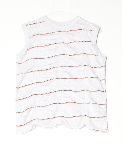 MEYAME(メヤメ)の「MEYAME/メヤメ タックジャガードボーダースリーブレス TUCKED JACQUARD BORDER SLEEVELESS(Tシャツ/カットソー・レディース・ブラック/ヘザーグレー・FREE)」の1枚目の写真