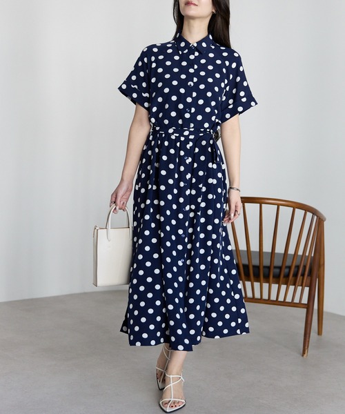 ドットプリント ロングシャツ ワンピース/前開き・共布ベルト付き