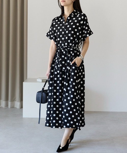 PREFERIR(プレフェリール)の「ドットプリント ロングシャツ ワンピース/前開き・共布ベルト付き(シャツワンピース・レディース・ネイビー/ブラウン/ブラック・X-LARGE/MEDIUM/LARGE/SMALL)」の5枚目の写真