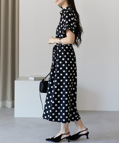 PREFERIR(プレフェリール)の「ドットプリント ロングシャツ ワンピース/前開き・共布ベルト付き(シャツワンピース・レディース・ネイビー/ブラウン/ブラック・X-LARGE/MEDIUM/LARGE/SMALL)」の6枚目の写真