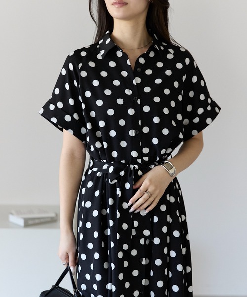 PREFERIR(プレフェリール)の「ドットプリント ロングシャツ ワンピース/前開き・共布ベルト付き(シャツワンピース・レディース・ネイビー/ブラウン/ブラック・X-LARGE/MEDIUM/LARGE/SMALL)」の8枚目の写真