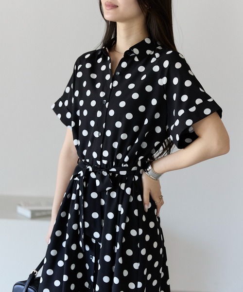 PREFERIR(プレフェリール)の「ドットプリント ロングシャツ ワンピース/前開き・共布ベルト付き(シャツワンピース・レディース・ネイビー/ブラウン/ブラック・X-LARGE/MEDIUM/LARGE/SMALL)」の9枚目の写真