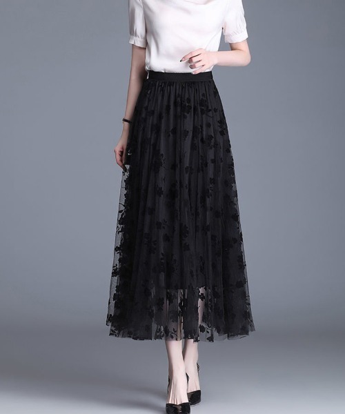 Flugge(フラッジー)の「花柄シアーロングスカート(スカート・レディース・ブラック/ベージュ・MEDIUM/LARGE)」の8枚目の写真