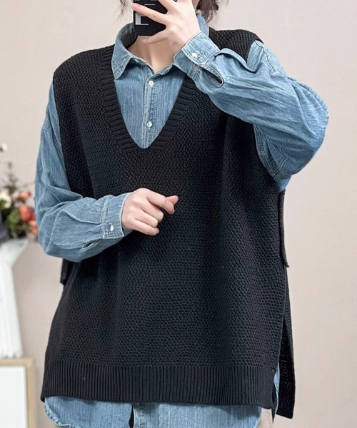 SallyLunn（サリーラン）の「深Vネックコットンベスト（ベスト・レディース・アイボリー/ブラック/イエロー/ベージュ/ブラウン・FREE）」の14枚目の写真