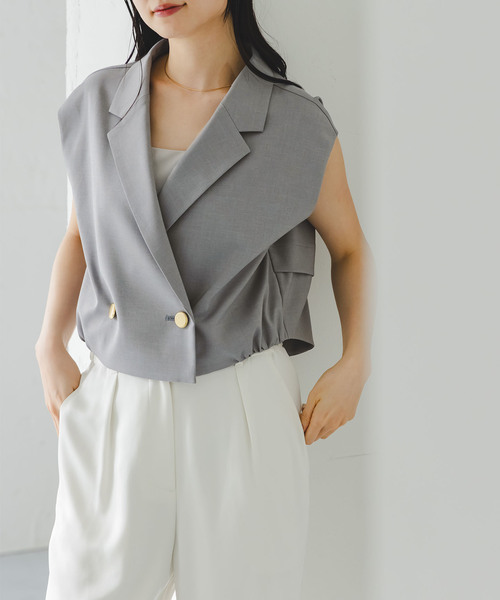 Noble(ノーブル)の「《セットアップ対応》エステルツイルショートジレブラウス(シャツ/ブラウス・レディース・ライトグレー/ホワイト/ブラウン・FREE)」の3枚目の写真