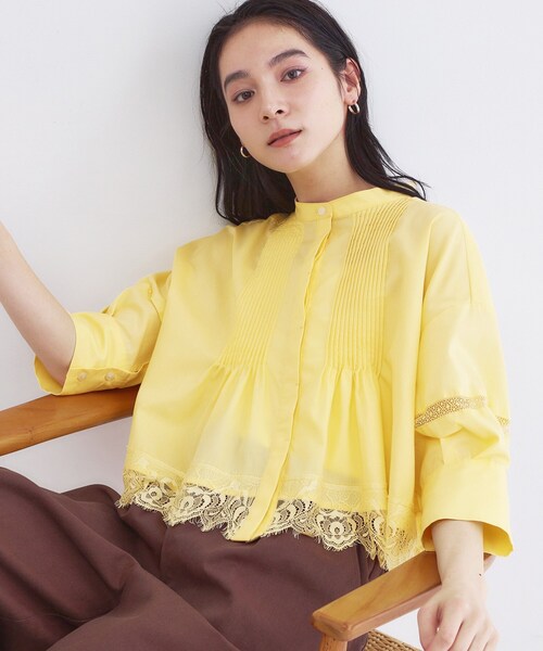 【イエロー系その他】タックボリュームショートシャツブラウス 裾レースピンタックショートシャツ【洗濯機OK】（シャツ/ブラウス