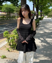 レイヤードサマー柄編みニットAラインキャミソールミニワンピース