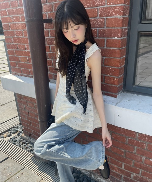UNE MANSION(ユヌマンション)の「レイヤードサマー柄編みニットAラインキャミソールミニワンピース(タンクトップ・レディース・アイボリー/ブラック/ネイビー・FREE)」の14枚目の写真