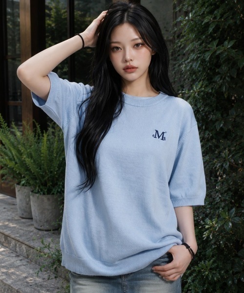 MUCENT(ムセント)の「A'GEM/9 × .kom 『MUCENT/ムセント』 ELONA KNIT HALF TEE/ELONAニット半袖Tシャツ(Tシャツ/カットソー・レディース・ブラック/ブルー/グレー・FREE)」の2枚目の写真