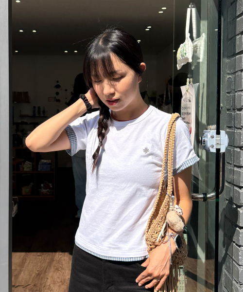 SLOW RECORD HOUSE(スローレコードハウス)の「レイヤードチェックロールアップTシャツ_ホワイト(Tシャツ/カットソー・レディース・ホワイト・1/2)」の1枚目の写真