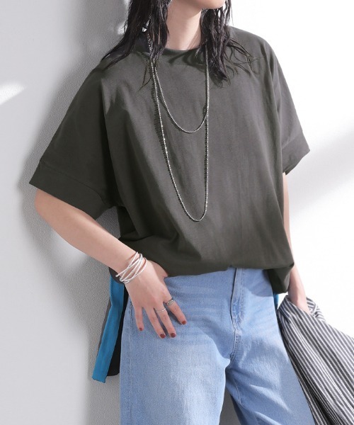 HUG.U(ハグユー)の「サイドスリット配色 綿100%ボックスTシャツ(Tシャツ/カットソー・レディース・グリーン/ホワイト×ブラック/ライトグレー系/ブラック・FREE)」の22枚目の写真