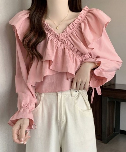 Beststore(ベストストア)の「2way フリル オフショルダー ブラウス クロップド丈 トップス ボリューム袖 ショート丈 ガーリー カジュアル 春夏(Tシャツ/カットソー・レディース・ブルー/アイボリー/ブラック/ホワイト/ピンク/ブラウン・FREE)」の6枚目の写真