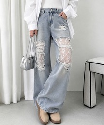 レースダメージデニムパンツ ワイドパンツ