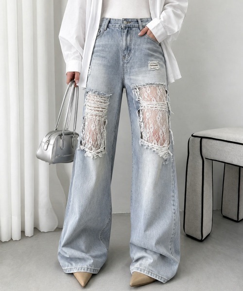 Miniministore（ミニミニストア）の「レースダメージデニムパンツ ワイドパンツ（デニムパンツ・レディース・サックスブルー・M/XL/L）」の18枚目の写真