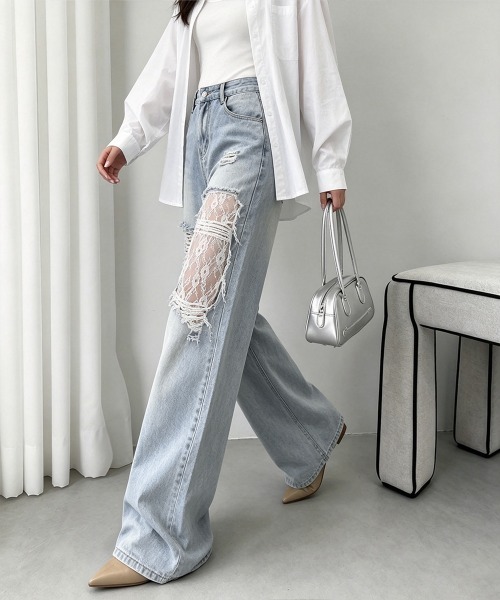 Miniministore（ミニミニストア）の「レースダメージデニムパンツ ワイドパンツ（デニムパンツ・レディース・サックスブルー・M/XL/L）」の12枚目の写真