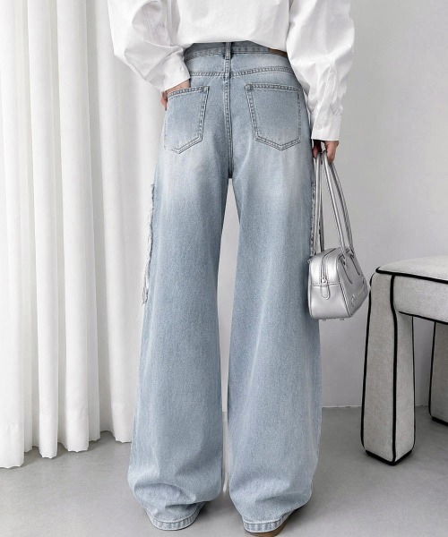 Miniministore（ミニミニストア）の「レースダメージデニムパンツ ワイドパンツ（デニムパンツ・レディース・サックスブルー・M/XL/L）」の13枚目の写真