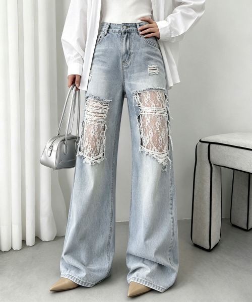 Miniministore（ミニミニストア）の「レースダメージデニムパンツ ワイドパンツ（デニムパンツ・レディース・サックスブルー・M/XL/L）」の14枚目の写真