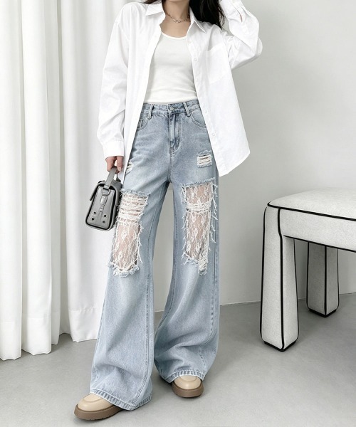 Miniministore（ミニミニストア）の「レースダメージデニムパンツ ワイドパンツ（デニムパンツ・レディース・サックスブルー・M/XL/L）」の15枚目の写真