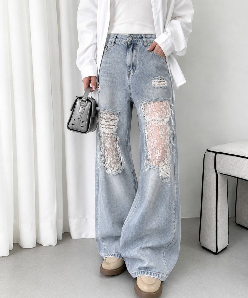 Miniministore（ミニミニストア）の「レースダメージデニムパンツ ワイドパンツ（デニムパンツ・レディース・サックスブルー・M/XL/L）」の16枚目の写真