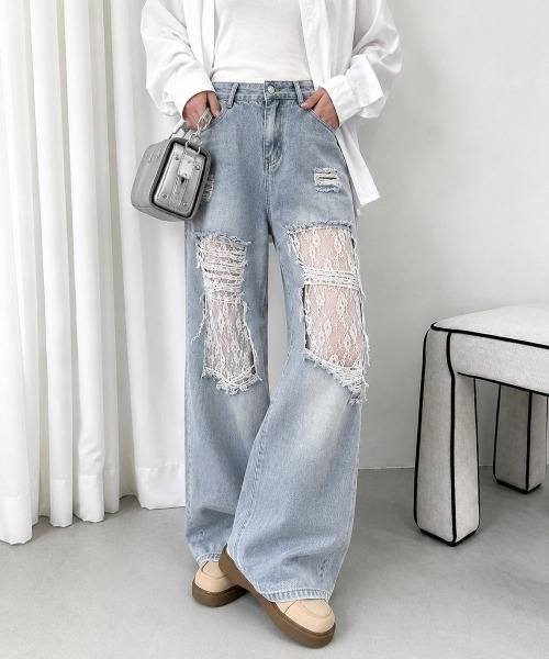 Miniministore（ミニミニストア）の「レースダメージデニムパンツ ワイドパンツ（デニムパンツ・レディース・サックスブルー・M/XL/L）」の17枚目の写真